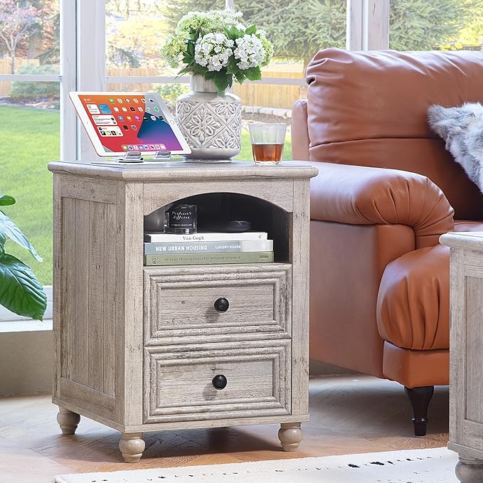 18" Farmhouse Night Stand with Charging Station, Gray Wood Nightstand with 2 Drawers, Bedside End Table with Shelf Storage, Bed Side Tables Cabinet for Bedroom, Living Room, and Closet