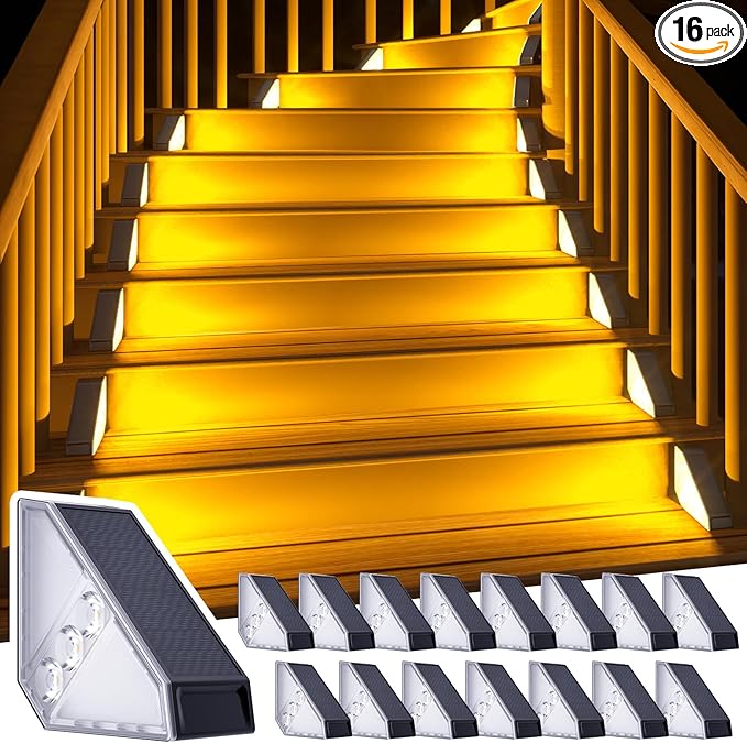 ROSHWEY Solar Stair Lights Outdoor Waterproof, 16 Pack Step Lights for Outside, Triangle Solar Powered Step Light for Deck, Front Porch, Backyard, Patio Decor, Warm White