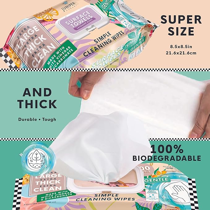 3 Packs Surface Cleaning Wipes Bleach Free, Thick & Large Dispose, All-Purpose Cleaner for Bathroom, Kitchen, Office, 300 Count Soft Flow, Biodegradable, Lavender Scent