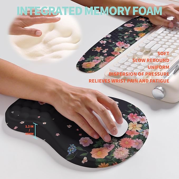 2-in-1 Ergonomic Set, Wave Rise Keyboard Wrist Rest and Massage Bulge Slope Mouse Pad Wrist Support, Cushion Memory Foam Integrated to Relieve Wrist Pain, Flower Dance