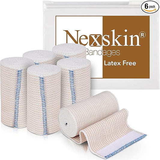 Premium Elastic Bandage Wrap (4” Wide, 6 Pack) - Nexskin Latex Free Athletic/Medical Compression Bandages Hook & Loop Fasteners at Both Ends - Lifetime Washable & Reusable Bandages