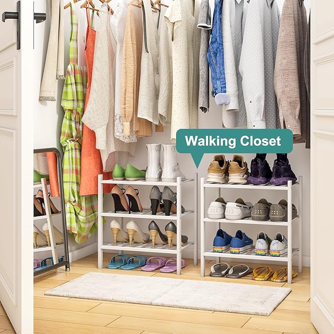 Small Shoe Rack for Entryway, White Shoe Organizer for Closet, Bamboo Wood Standing Shoe Shelf for Indoor Outdoor (White, 3-Tier_Samll)