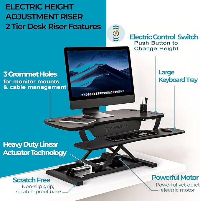 VERSADESK® PowerPro™ 48” x 24” Extra Wide Electric Sit-to-Stand Desk Converter w/ Keyboard Tray for Home or Office | USB Charging Port | Supports Multiple Monitors | Lifts 80 lbs. - Black