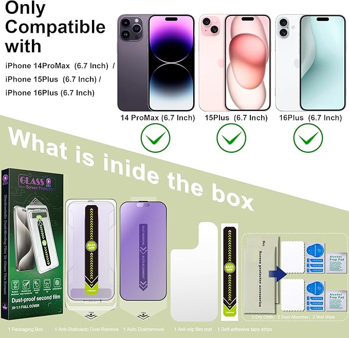 (2-Pack Anti Blue Light Matte Screen Protector for iPhone 14 Pro Max/15 Plus/16 Plus (6.7-Inch),9H Tempered Glass,Anti-Glare,Full Coverage,Anti-Fingerprint,Auto Dust Removal,Bubble-Free