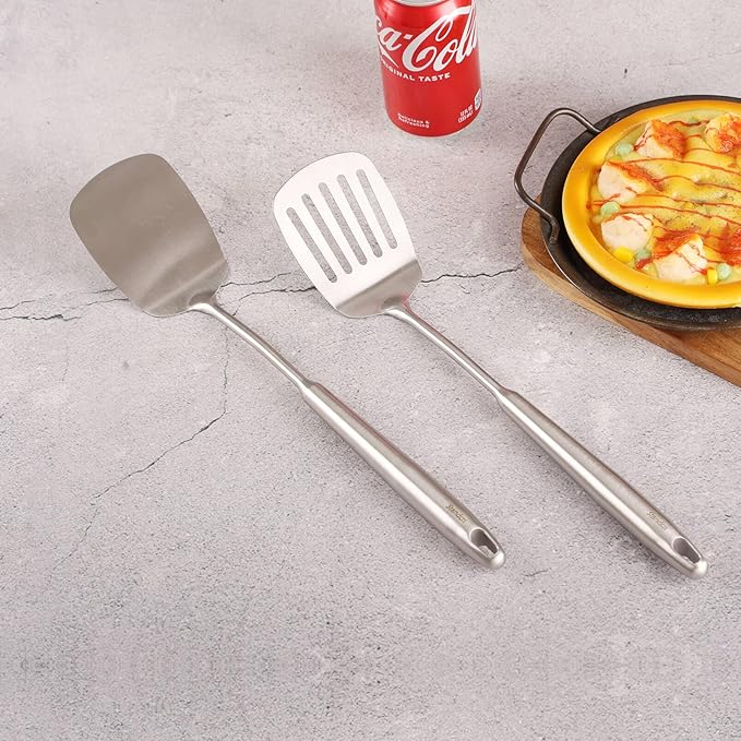 18/10 Stainless Steel Spatulas Set - 15” Long Spatulas for Kitchen, Metal Cooking Utensils - 1 Slotted Spatula + 1 Solid Turner (style A - all metal brushed)