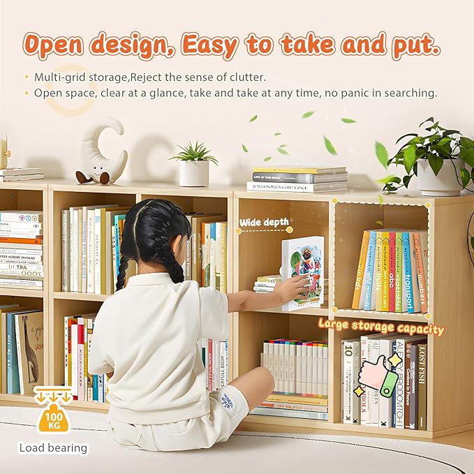 10 Cube Storage Organizer, Cubby Storage Organizer, Cube Shelf with Back Plate, Wooden Kids Bookcase for Toy, Solid Wood Cube Storage for Living Room/Bedroom/Hallway/School, Easy to Install