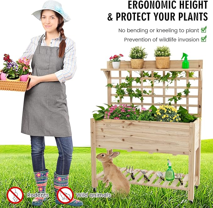 S AFSTAR Raised Garden Bed with Trellis, 41.5x16x54in Mobile Elevated Planter Box with Wheels, Bed Liner, Top/Bottom Storage Shelves, Freestanding Wood Planter Stand for Garden Patio Balcony