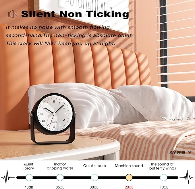 AYRELY® 3.5 Inch Small Analog Alarm Clocks,Battery Operated Desk Clock,Cute Table Clock with Light，Adjustable Angle for Travel,Bedside,Bedroom,Kids,Living Room Decor(Black)