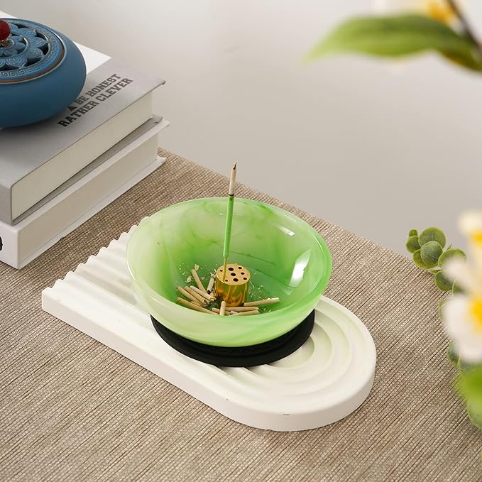 Incense Holder, Multi-Purpose Design Agate Incense Burner ash Catcher with Brass 9 Holes Incense Stick Holder for Home Decor Yoga Spa Madiation (Agate Green)