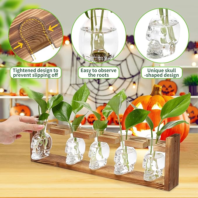 Plant Terrarium Propagation Stations Halloween Skull Planter Vase Skulls Decor with Wooden Stand Gife for Father - 5 Vases