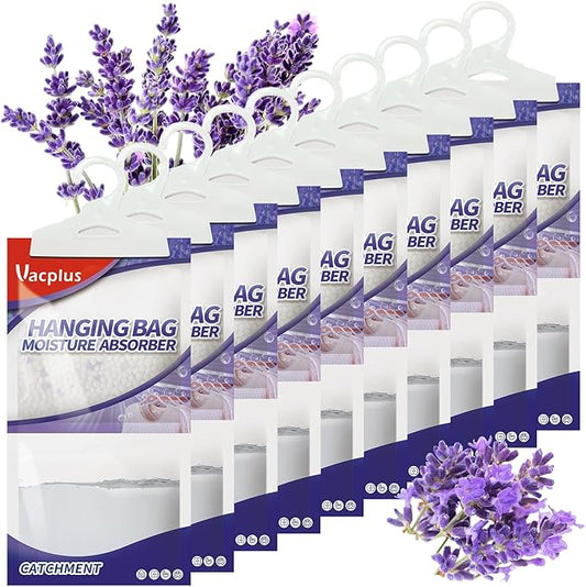 Vacplus Moisture Absorbers, Hanging Closet Dehumidifier Bags, Humidity Packs, Desiccant, Closet Dehumidifiers with Lavender Fragrance, 10 Pack, 9.8 OZ