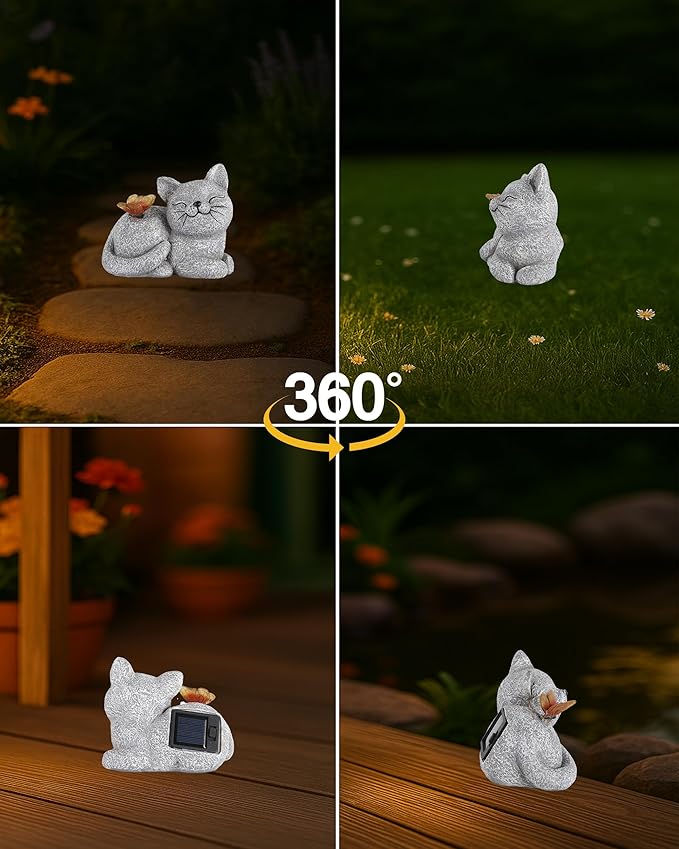 Solar Cat Garden Statue with Butterfly Light – 5-Inch Outdoor Resin Figurine for Yard, Patio, Balcony – Gifts for Women, Garden Decor Accent (Cat)