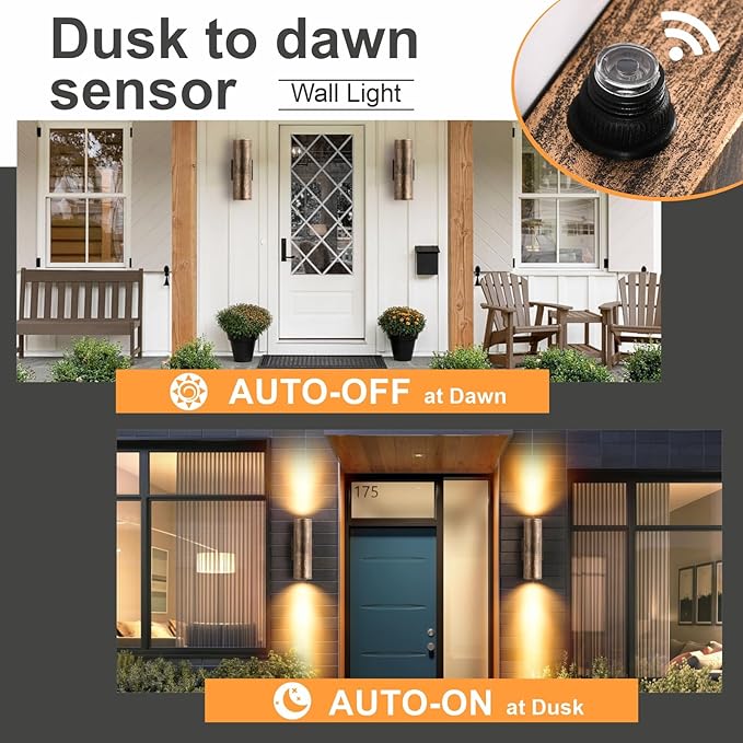 Dusk to Dawn Outdoor Lighting Sensor Wall Lights 2Pack, 12W 2700K Integrated LED Cylinder Up Down Lights Outdoor, IP65 Waterproof Aluminum Exterior Wall Sconce for Porch Patio.(Bronze)