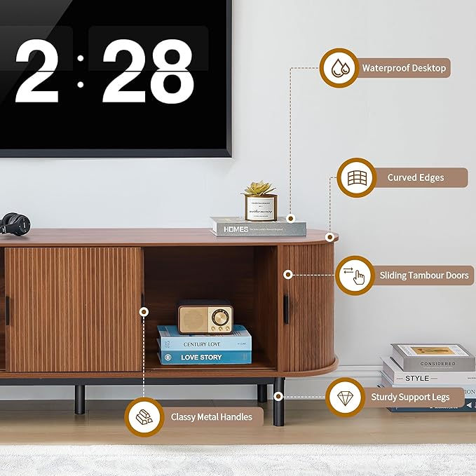 63" Fluted TV Stand for 65/70 Inch, Mid Century Modern Console With Sliding Doors, Curved Gaming Entertainment Center, Media Console for Living Room, Bedroom (Walnut, 63inch-4doors)