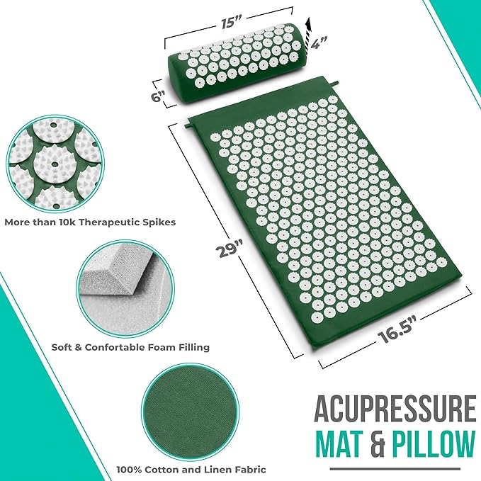 Sivan Back and Neck Pain Relief Acupressure Mat and Pillow Set, Chronic Back Pain Treatment - Relieves Your Stress of Lower Upper Back and Sciatic Pain - Green
