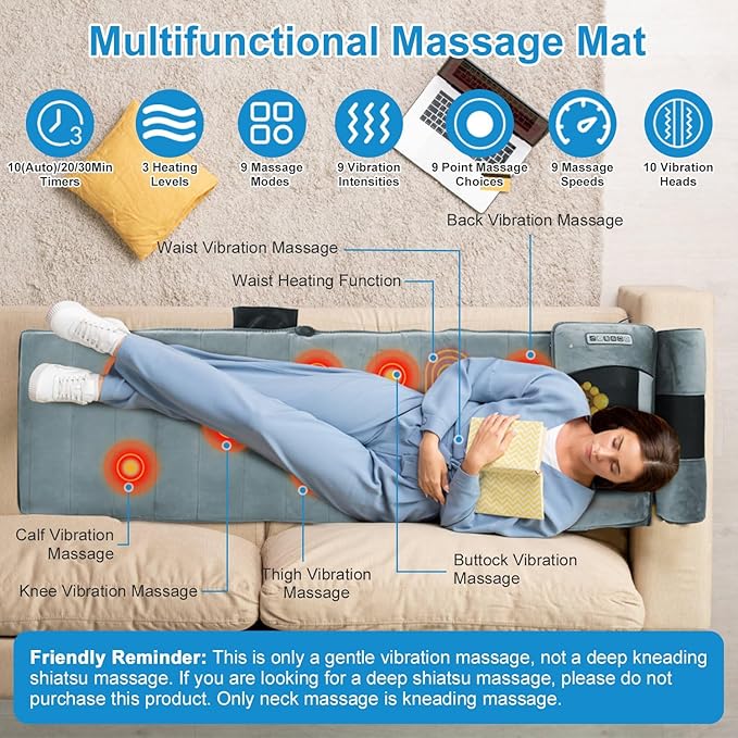 Full Body Electric Massage Mat with Heat, 10 Vibration Motors 3 Timers, Vibration Massage Pad for Bed, Back Mattress Chair Pad with Neck Massager Lumbar Pillow