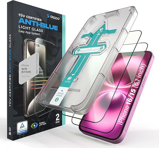 Deppa |2 Pack| Anti-Blue Light Screen Protector for iPhone 16/15 (6.1') | Scratch Resistant Tempered Glass | 3D Edge to Edge Coverage | Easy Installation Kit | Eye Safeguard TÜV Certified