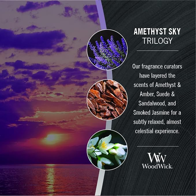 WoodWick Medium Hourglass Candle Amethyst Sky - Premium Soy Blend Wax Pluswick Innovation Wood Wick Made in USA