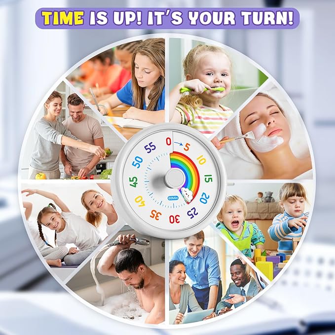 HIPPIH Visual Timer for Kids, 60 Minute Countdown Timers for Classroom Kitchen Office, Rainbow Disk Desk Timer Clock with Silent Operation, Pomodoro Timer Time Management Tools for Toddler ADHD White