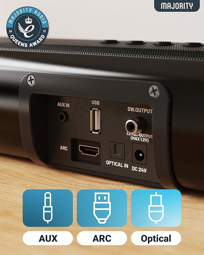 Majority 140W Bluetooth Sound Bar for Smart TV | 31" 2.1 Wireless Soundbar for TV with 3D Sound | TV Speakers Sound Bar with Built in Subwoofer | HDMI, AUX, Optical Compatible Mini Soundbar Naga 80