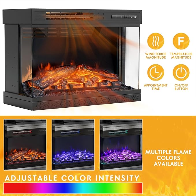 JUMMICO Fireplace TV Stand for TVs up to 65'', 3-Sided Glass Media Entertainment Center Console Table with Cabniet Storage Adjustable Flame LED Color for Living Room (Wash Grey)