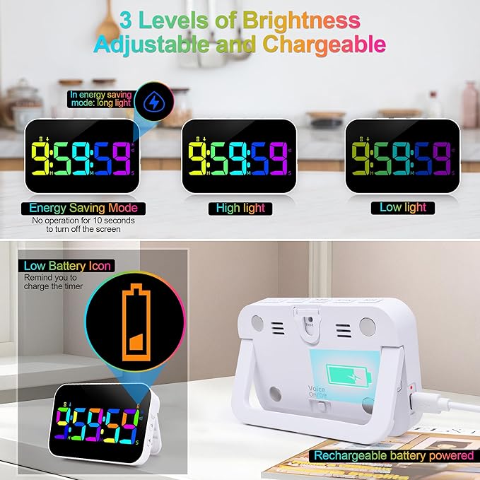 Digital Kitchen Timer, 10 RGB Color Rechargeable Magnetic Timer for Cooking with Count Down Up, 5”LED Large Display, Kids Timers for Classroom Home Office Gym Work Study Fitness Game