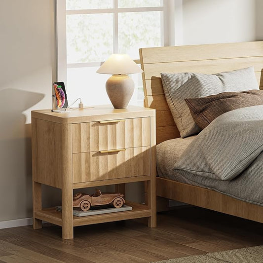 Huuger 27.6 Inch Tall Night Stand with Charger Station, USB-C Port, Fluted Nightstand with 2 Deep Drawers, Larger Wider Bed Side Table with Open Shelf, Bedroom Living Room End Table, Natural