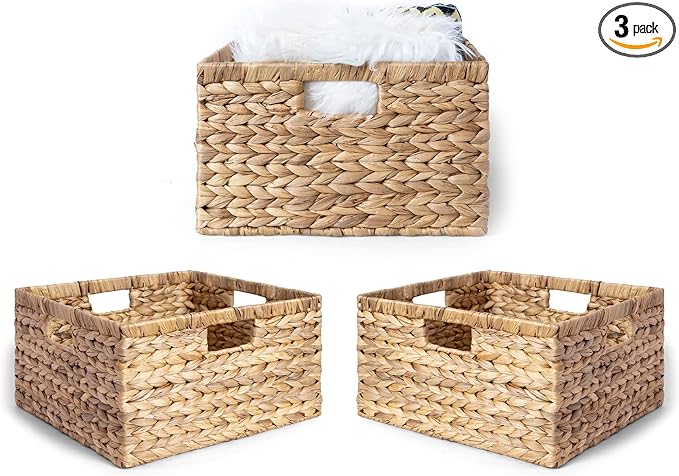 Large 14.5” x 13.5” x 8” (Set of 3) Natural Water Hyacinth Woven Storage Baskets, Rectangular Wicker Basket with Built-in Handles, Large (Natural)