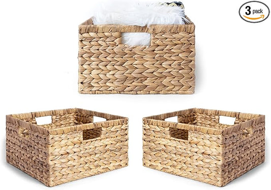 Large 14.5” x 13.5” x 8” (Set of 3) Natural Water Hyacinth Woven Storage Baskets, Rectangular Wicker Basket with Built-in Handles, Large (Natural)
