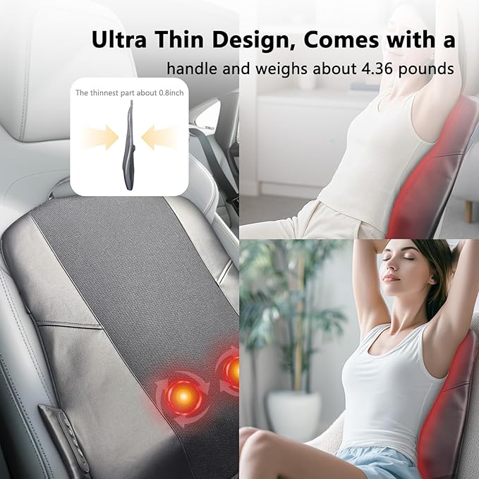 Back Massager for Pain Relief Deep Tissue, Ultrathin Rolling Up and Down Full Back Massage with Heat, 4D Shiatsu Kneading, Shoulder Massager, Extended Widened Design for Home, Office, Car Use, Black