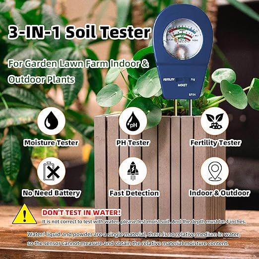 3-in-1 Soil Tester Soil Moisture Meter, pH Tester & Fertility Sensor for Garden Plant Care Sensor for Indoor Outdoor Lawn Farm Use | No Battery Needed | Instant Plug & Read (Blue)