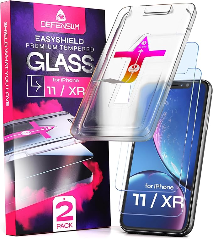 Defenslim Screen Protector for iPhone 11 / XR (2Pack), Easy Auto-Align Install Kit, 6.1" Tempered Glass, 9H Hardness, Ultra HD Clear, Case Friendly, EasyShield