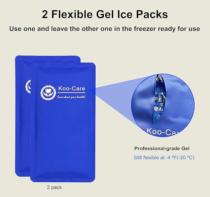 Koo-Care Gel Ice Pack for Injuries Reusable Flexible Cold Hot Therapy Compress for Head, Shoulder, Lower Back, Waist, Elbow, Knee, Ankle Pain Relief from Migraine, Post-Surgery 11x.5.9 Inch, 2 Pack