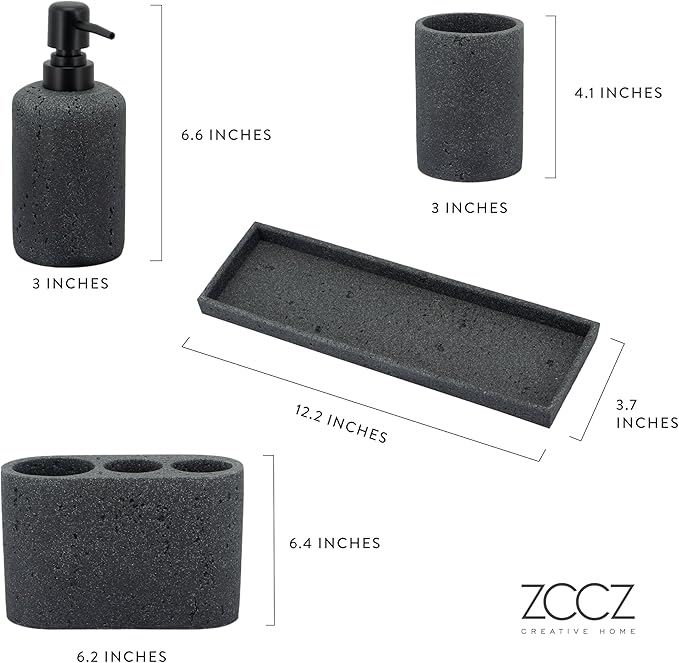 ZCCZ - Black Bathroom Accessories Set 4 Pcs - Toothbrush Holder, Soap Dispenser, Vanity Tray, Bathroom Tumbler - Countertop Vanity Organizer - Bathroom Accessory Set- Toothbrush Holder Set, Stone Sets