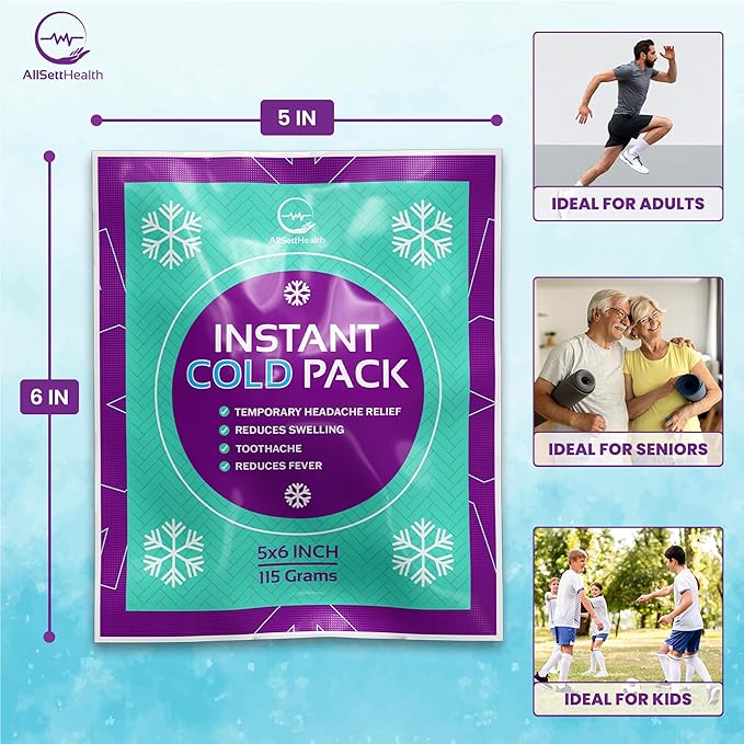 Bulk Instant Ice Cold Packs (6” x 5”) - 50 Packs Disposable Instant Ice Packs for Injuries | Cold Compress Ice Pack for Pain Relief, Swelling, First Aid, & Outdoor Activities