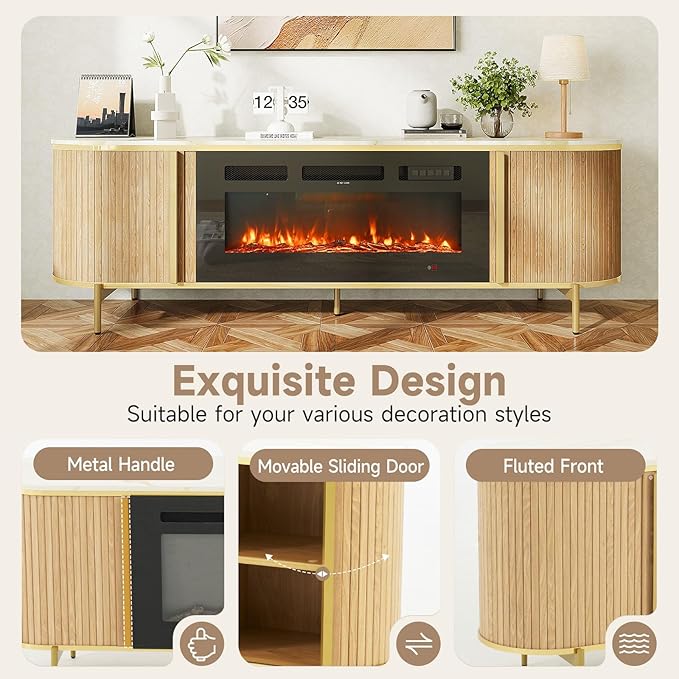 Luxury 70" Fluted Fireplace TV Stand, Oak Modern Chic Entertainment Center for TVs Up to 80", Media Cabinet with Storage, TV Console for Living Room, Natural