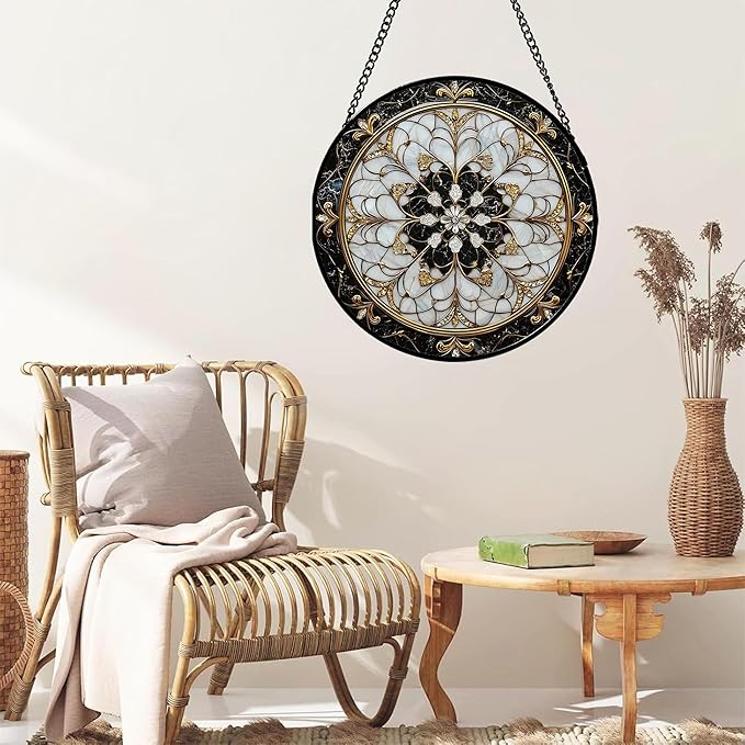 Stained Glass Window Hanging, Black and White Gold Boho Pattern Suncatcher for Doors Window Home Abstract Flower Sun Catchers Decor Mother's Day Birthday Gifts for Women, Men Mom 11.8 in