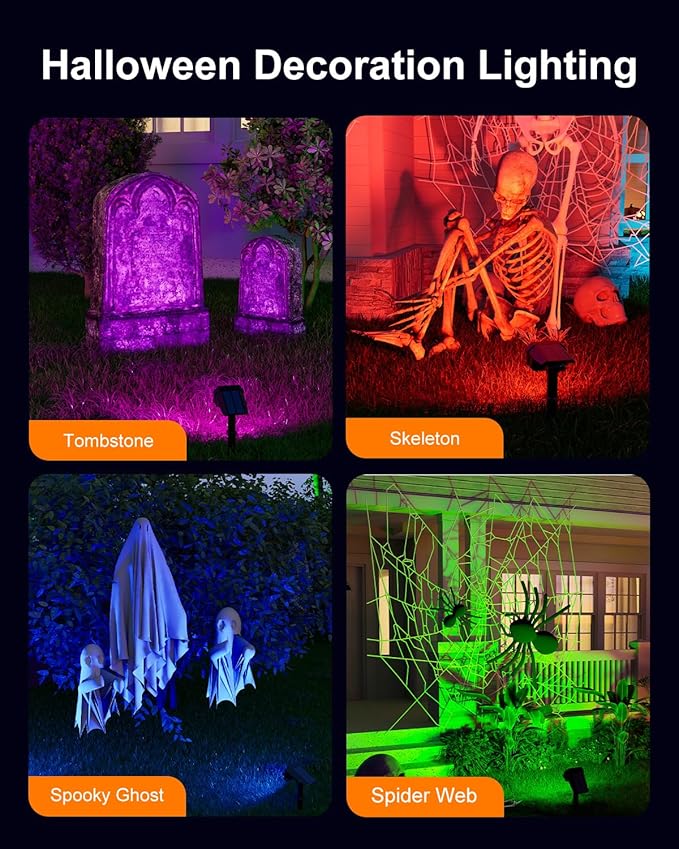 6 Pack Color Changing Solar Powered Outdoor Spot Lights for Halloween Decorations, Skeletons, Tombstones, Ghost, Outside Landscape Waterproof 24 LEDs Spotlights for House Yard Tree, Garden, Statues