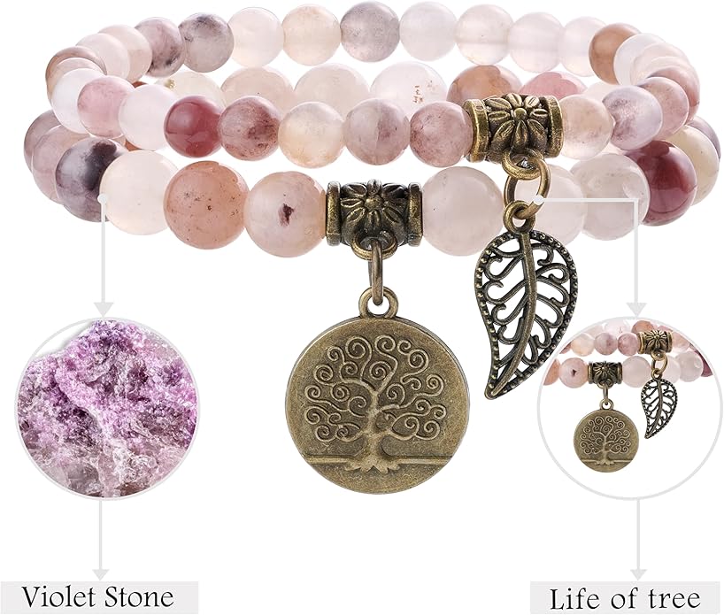 Bivei Natural Semi Precious Gemstone beads bracelet for women - Life Tree and Leaf Charm Energy Reiki Crystal Stretch Bracelets