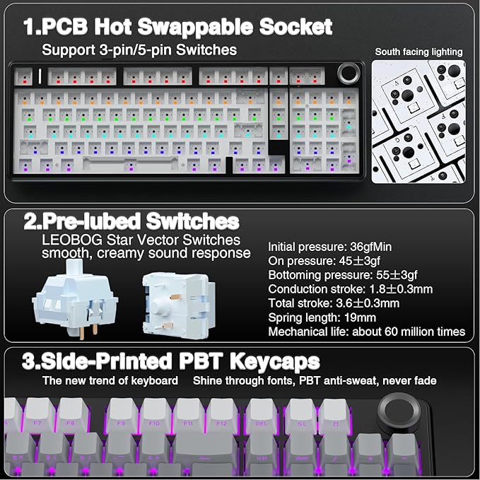 AULA F99 Pro Wireless Mechanical Keyboard with Knob,Gasket Structure,Tri-Mode BT5.0/USB-C/2.4GHz Hot Swappable Keyboard,Creamy Sound,RGB Backlit PBT Keycaps Computer Gaming Keyboards