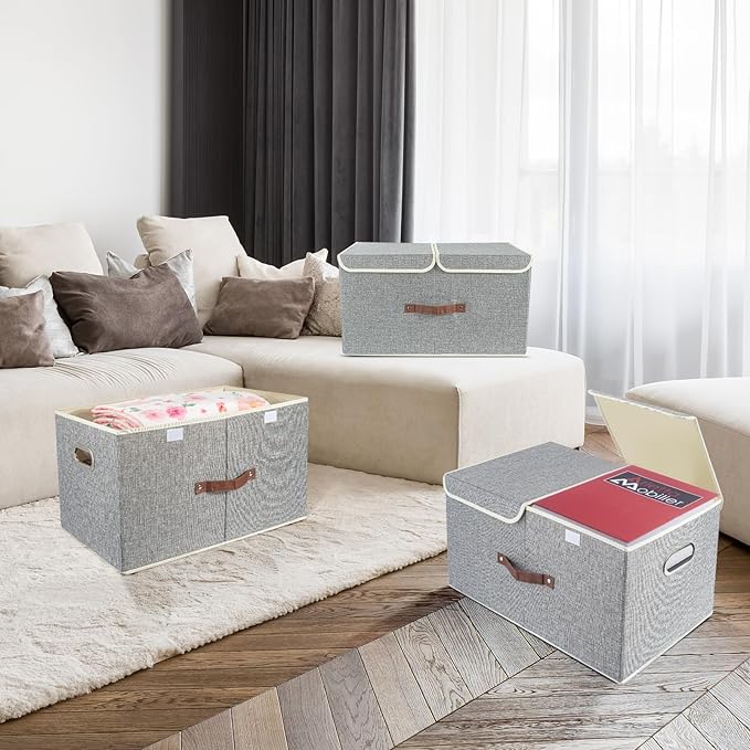 TYEERS Extra Large Collapsible Storage Bins with Lids and Compartments, Organizing Bins for Closet Storage, Clothes Storage, Cube Organizer for Home Office Storage - 3 Pack - Gray