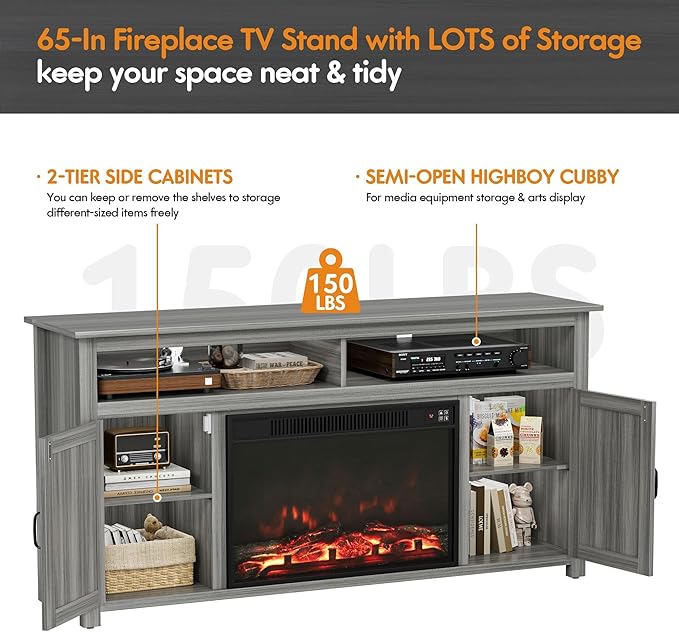 YESHOMY Fireplace TV Stand for Television up to 65+ Inch with Storage and Farmhouse Barn Doors, Entertainment Center with Cabinet and Shelves, Media Console for Living Room, Gray Wash