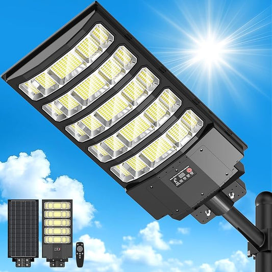 Solar Street Light Outdoor Waterproof,8000W Solar Powered Parking Lot Lights Large Street Light Dusk to Dawn with Motion Sensor, LED Flood Light Wide Angle Lamp for Patio and Parkling Lot-1Pack