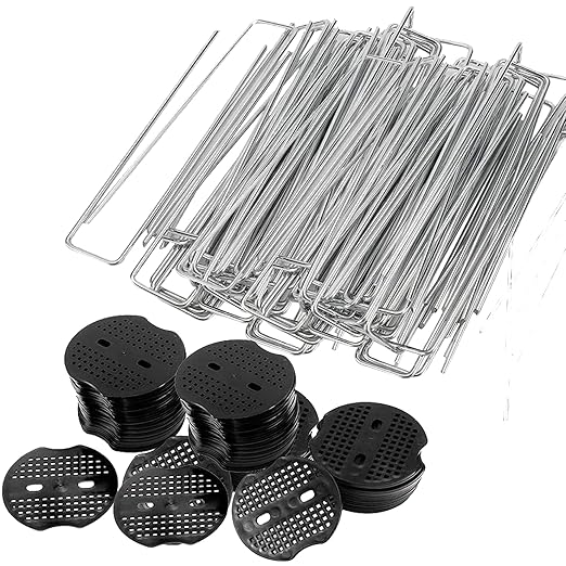 Finderomend 100 Pack Landscape Staples and 100 Pack Gaskets,6" Galvanized Steel Garden Staples 11 Gauge with Black Pads,Landscape Pins Turf Staples for Securing Weed Barrier Fabric Artificial Grass