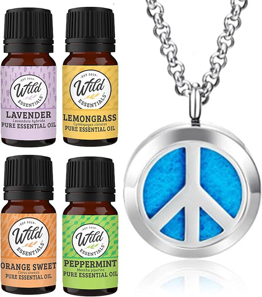 Wild Essentials Peace Sign Necklace Essential Oil Diffuser Kit with Lavender, Lemongrass, Peppermint, Orange Oils, 12 Refill Pads, Calming Aromatherapy Gift Set, Customizable Color Changing, Perfume