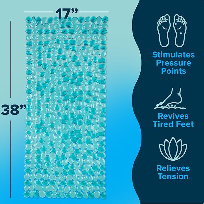 SlipX Solutions Non-Slip Pebble Bath Mat for Shower & Bathtub 38x17 | River Rock Look | Accupressure | Massage Bath Mats for Tub | 188 Suction Cups | Machine Washable, Aqua Pebbles