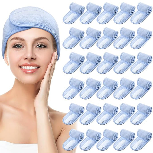 Hoteam 30 Pack Spa Headband Facial Esthetician Hair Wrap for Women Adjustable Makeup Sports Shower Stretch Towel with Tape(Blue)