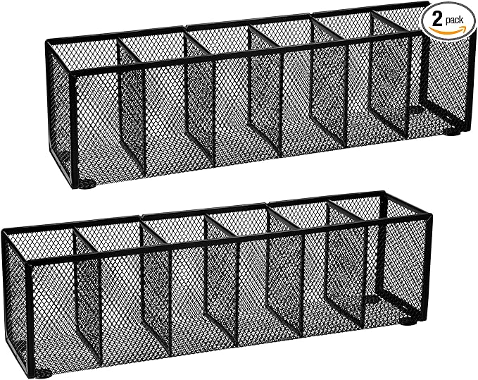 2 Pcs Black Metal Mesh Desk Organizer Pen Holder 6 Compartments Pencil Holder for Desk, pen organizer for Office Supplies, Pencil Caddy, Makeup Brush Storage, Home and Classroom Accessories