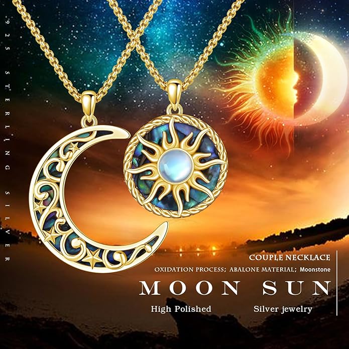 Yin Yang Necklaces 925 Sterling Silver Friendship Sun Moon/Mountain/Dolphin/Tree of Life/Flower/Wings Pendant Necklace Moonstone Abalone Opal Jewelry for Women Men Couples
