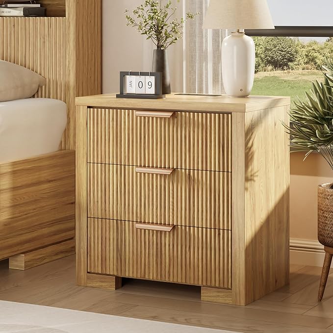 Fluted Nightstand Set of 2 with Charging Station, 23.6" Night Stand with 3 Drawers,End Table with Storage, Bed Side Table for Bedroom,Modern Nightstand for Living Room, Natural